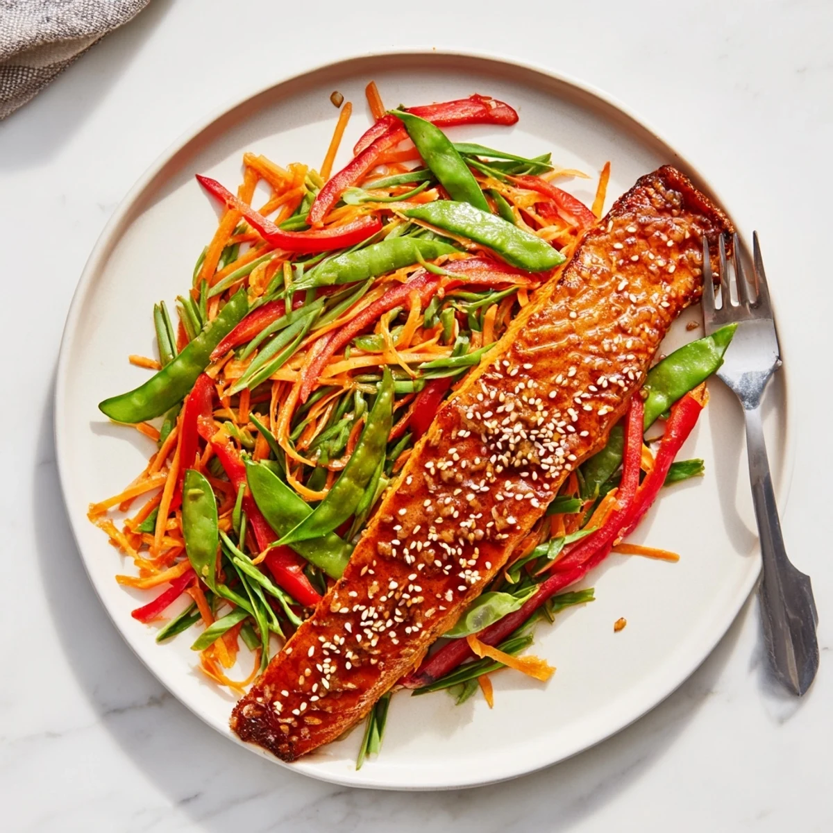Baked salmon with tangy miso citrus glaze atop crisp sesame snap pea vegetables