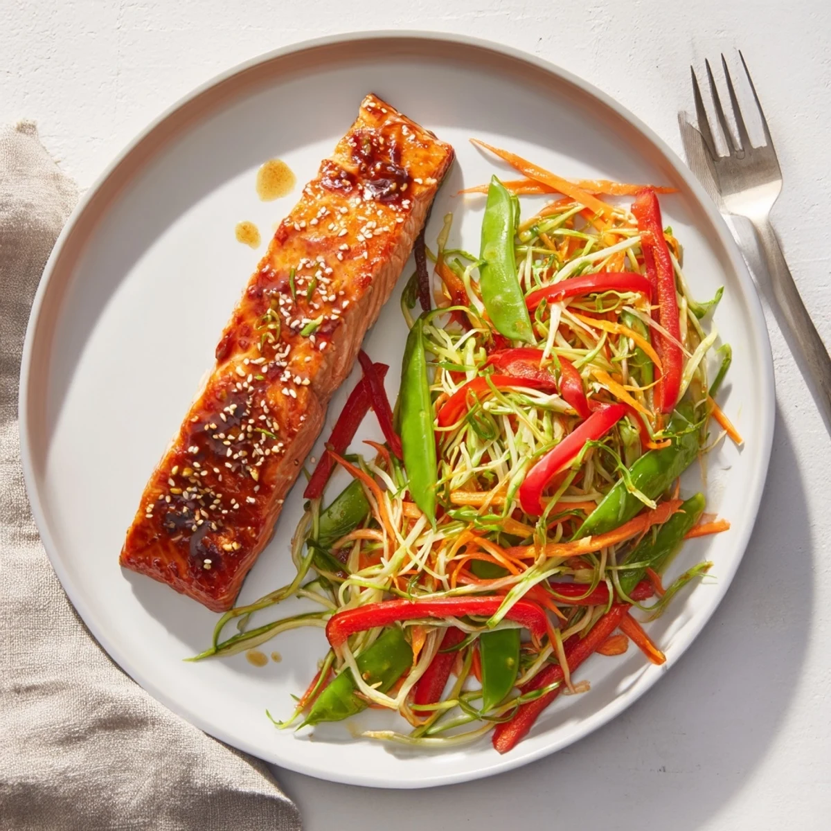 Flaky salmon brushed with sweet citrus miso sauce paired with colorful vegetable slaw