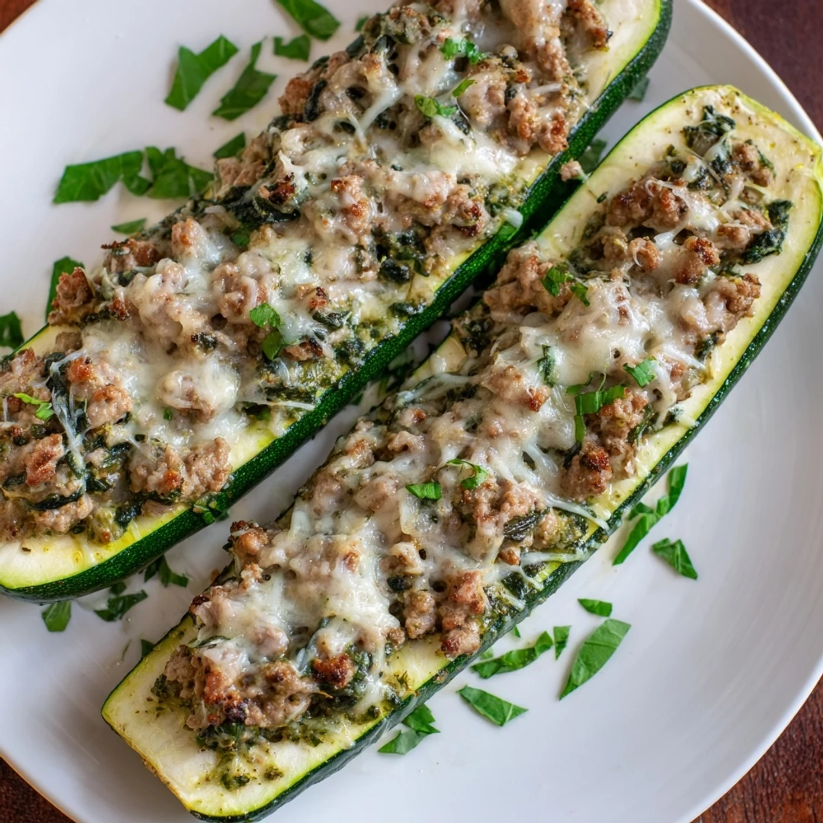 Fresh zucchini halves stuffed with savory pesto turkey mixture and bubbling mozzarella cheese