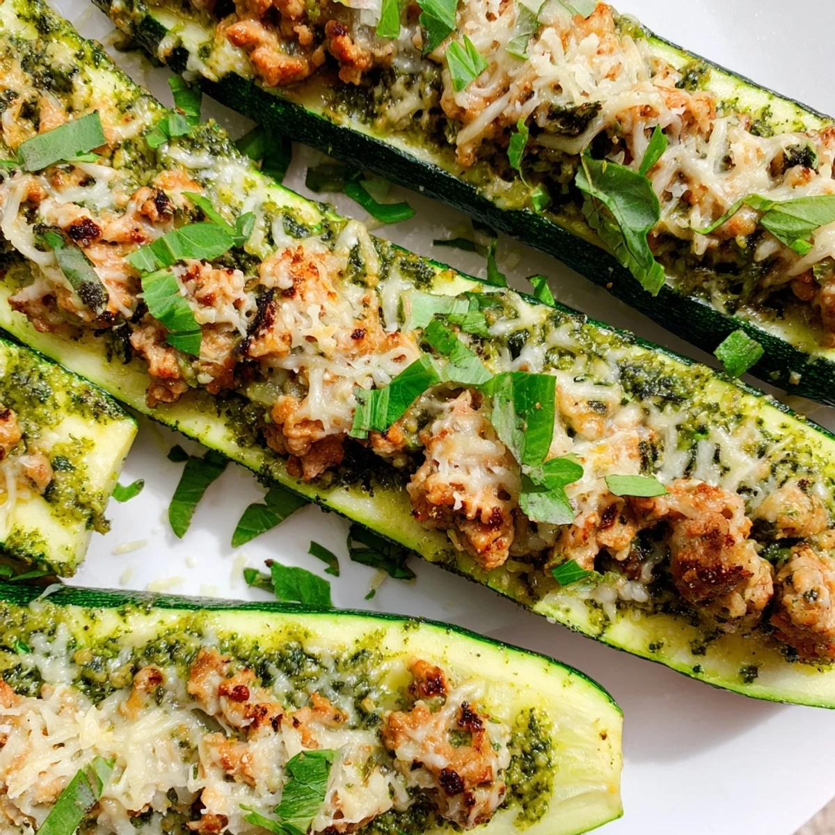 Tender Mediterranean-style zucchini boats filled with herbed ground turkey, spinach, and Parmesan