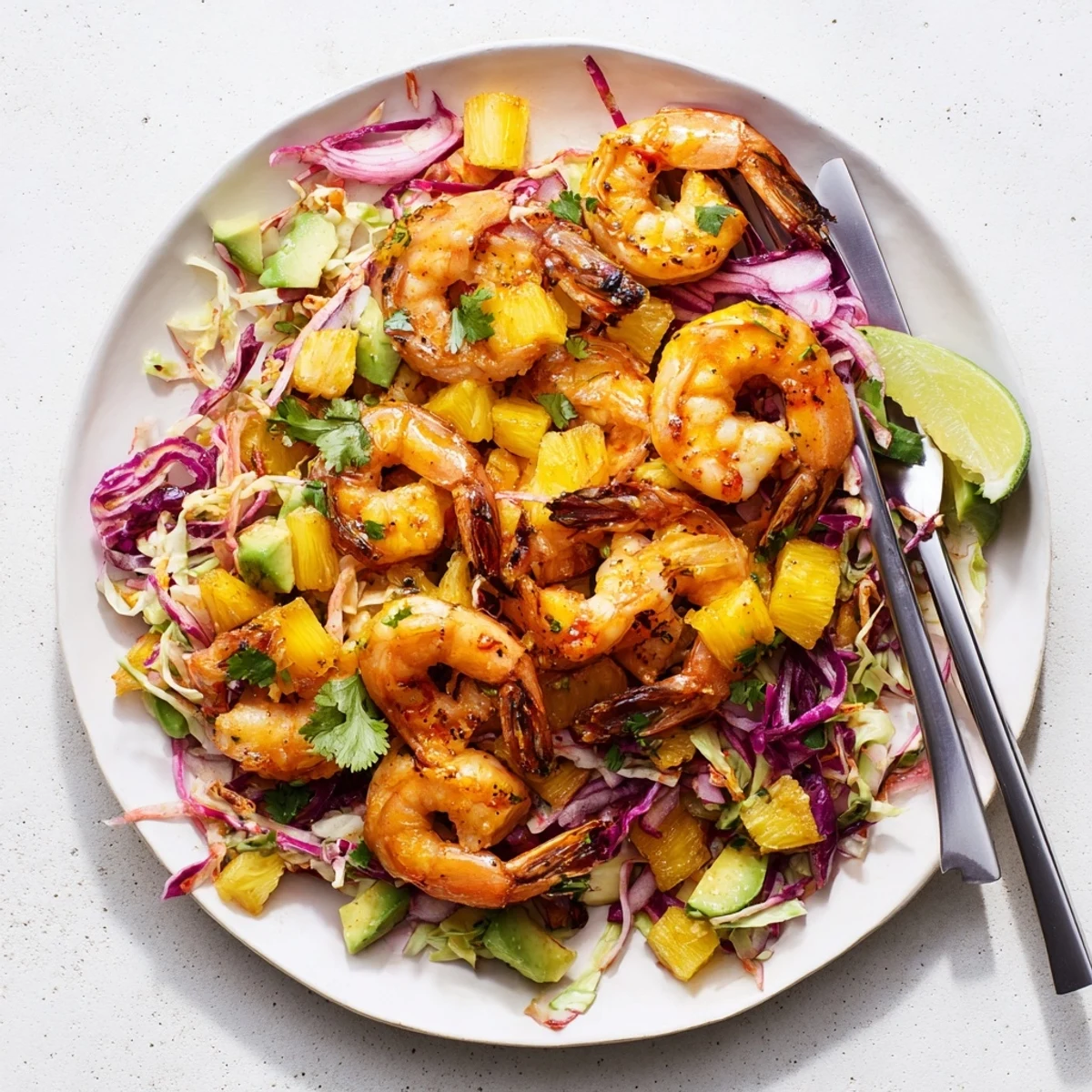 Colorful spicy pineapple shrimp with lime avocado cabbage crunch served on white plate