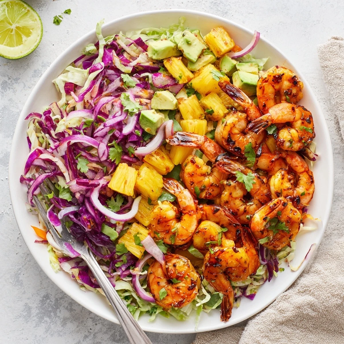 Juicy shrimp sautéed with sweet pineapple and chili over zesty lime cabbage slaw