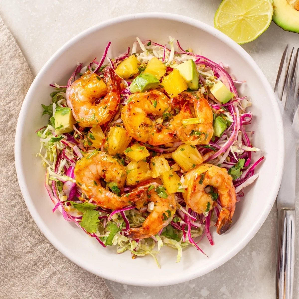 Tropical shrimp dish featuring creamy avocado and crispy cabbage slaw with fresh lime