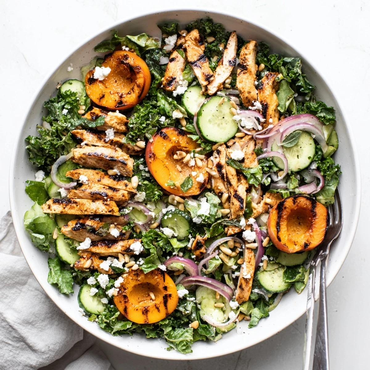Colorful bowl of grilled apricot and kale chicken salad with tender sliced chicken breast