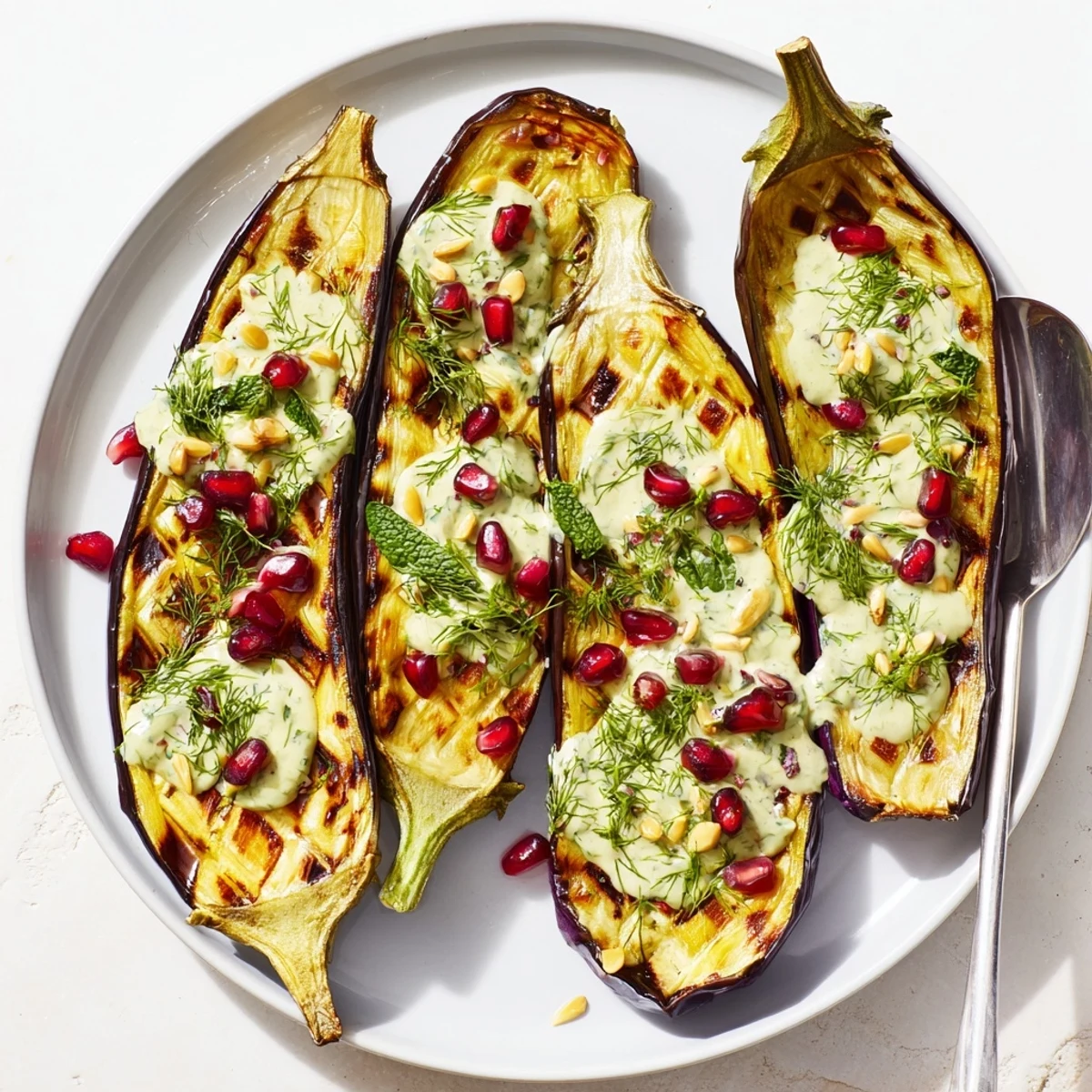 Tender caramelized eggplant topped with bright tahini dressing garnished with pomegranate seeds and pine nuts
