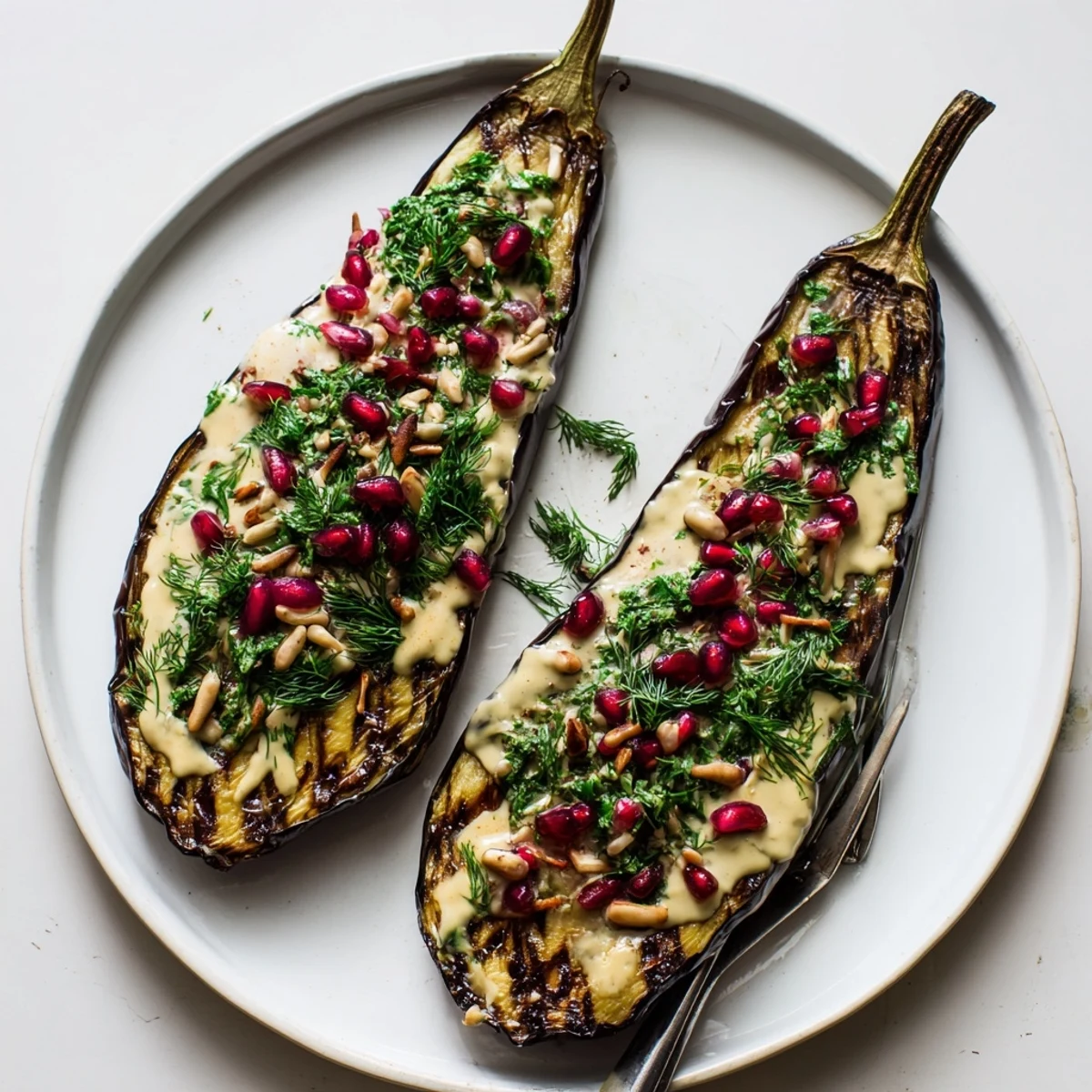 Golden roasted eggplant halves drizzled with creamy lemon herb tahini sauce and fresh herbs