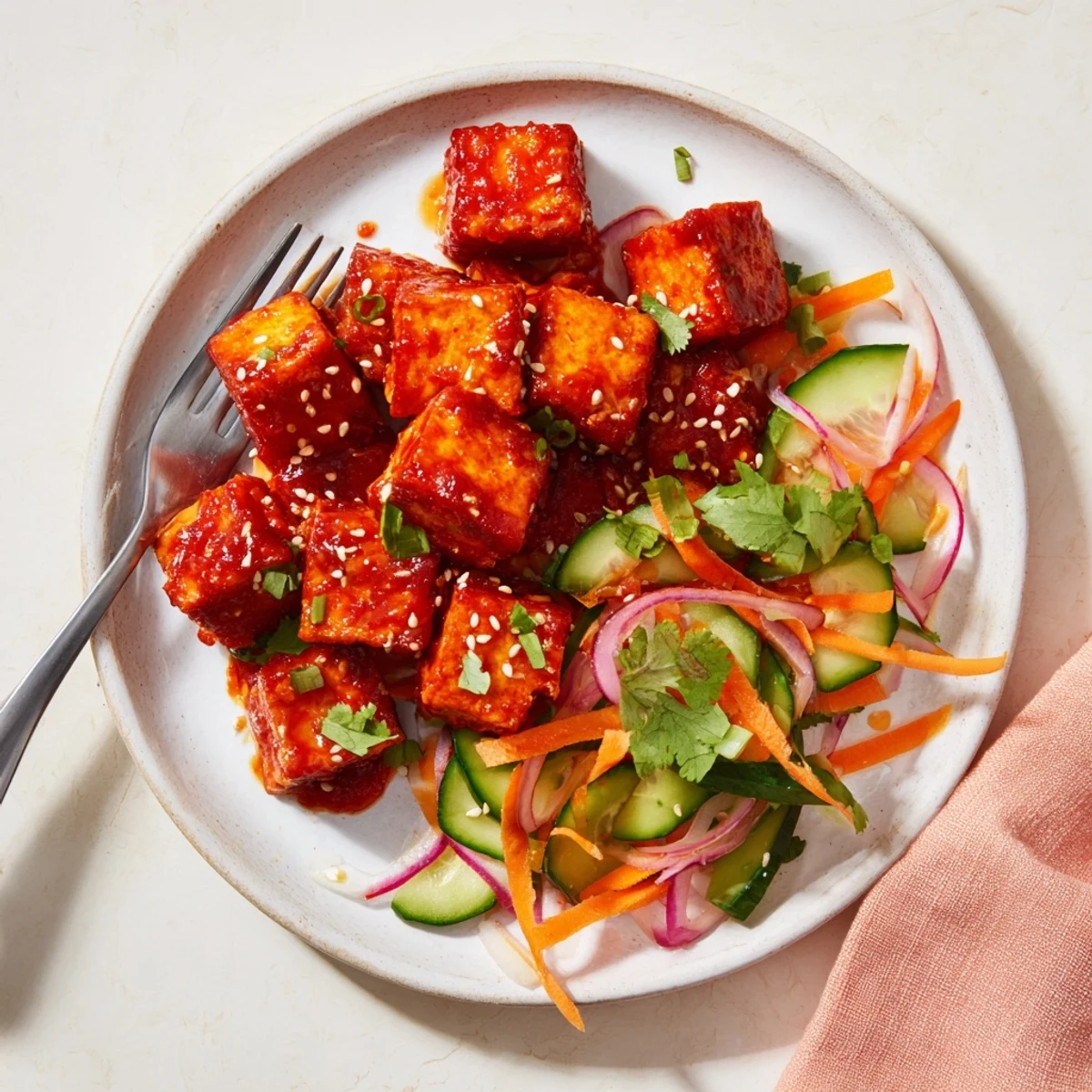 Golden crispy chili garlic tofu cubes glazed with spicy red sauce atop refreshing sesame cucumber slaw