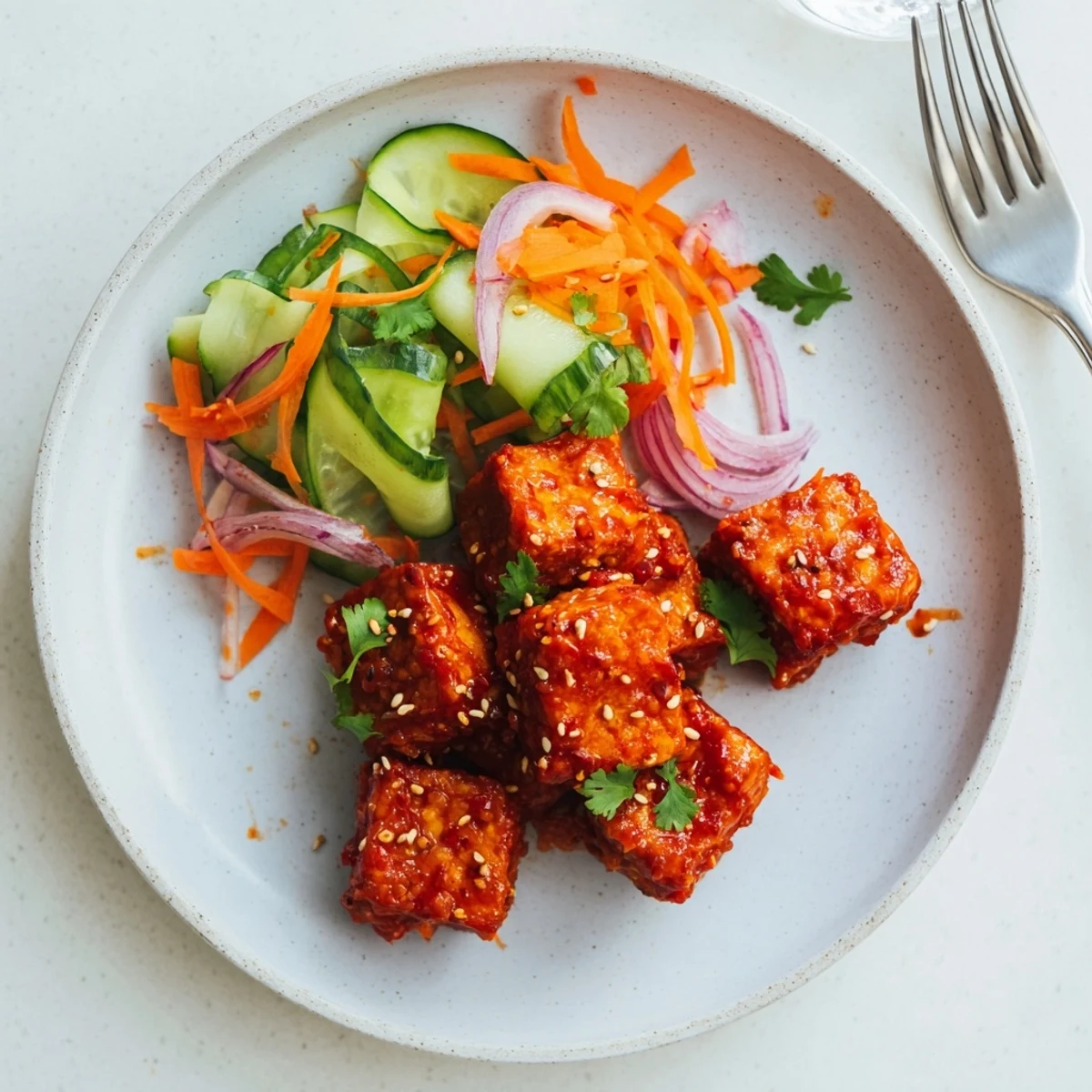 Vegan crispy chili garlic tofu served over a bed of crunchy cucumber slaw with toasted sesame seeds