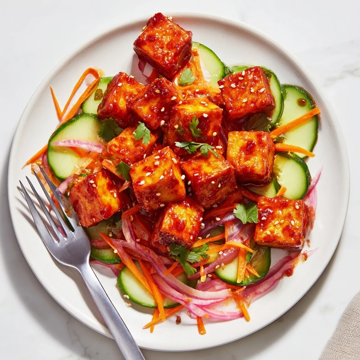 Spicy glazed crispy tofu pieces arranged on a vibrant white plate with shredded cucumber carrot slaw