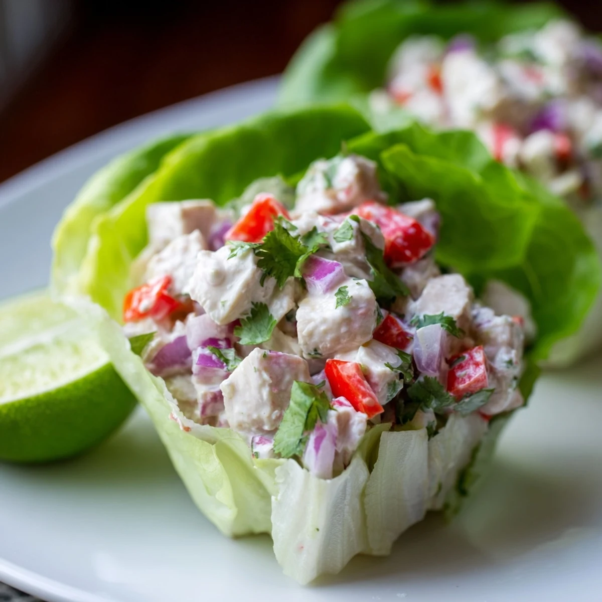 Crisp lettuce cups filled with creamy cottage cheese lime cilantro chicken salad topped with fresh herbs
