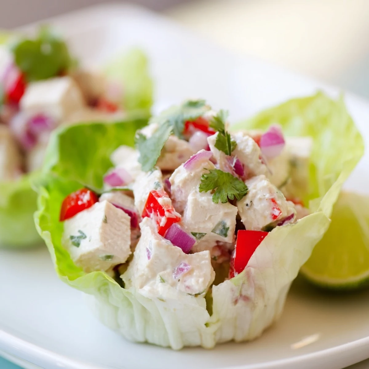 Protein-packed cottage cheese lime cilantro chicken salad nestled in crunchy lettuce leaves with vibrant garnish