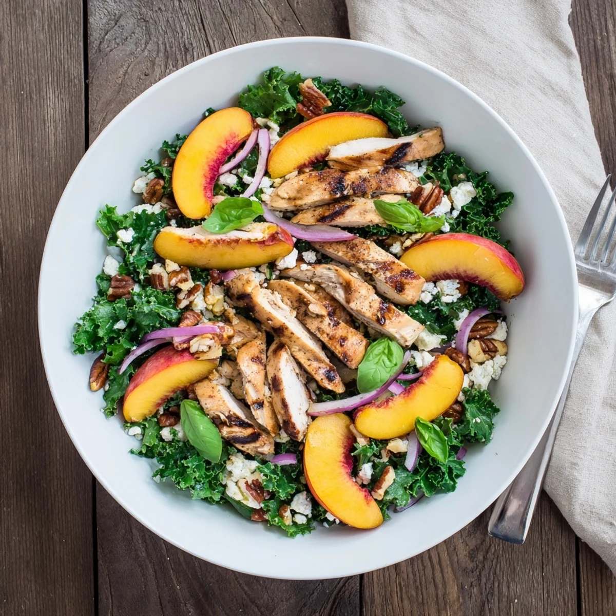 Colorful grilled nectarine and kale chicken salad featuring smoky fruit slices and tender grilled chicken
