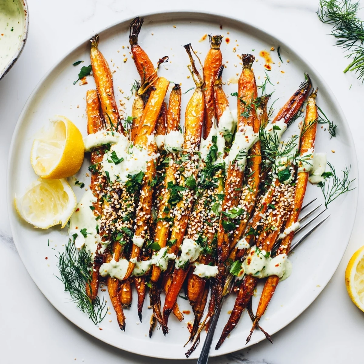 Golden brown roasted carrot with lemon herb tahini sauce drizzled generously over tender caramelized pieces on white platter
