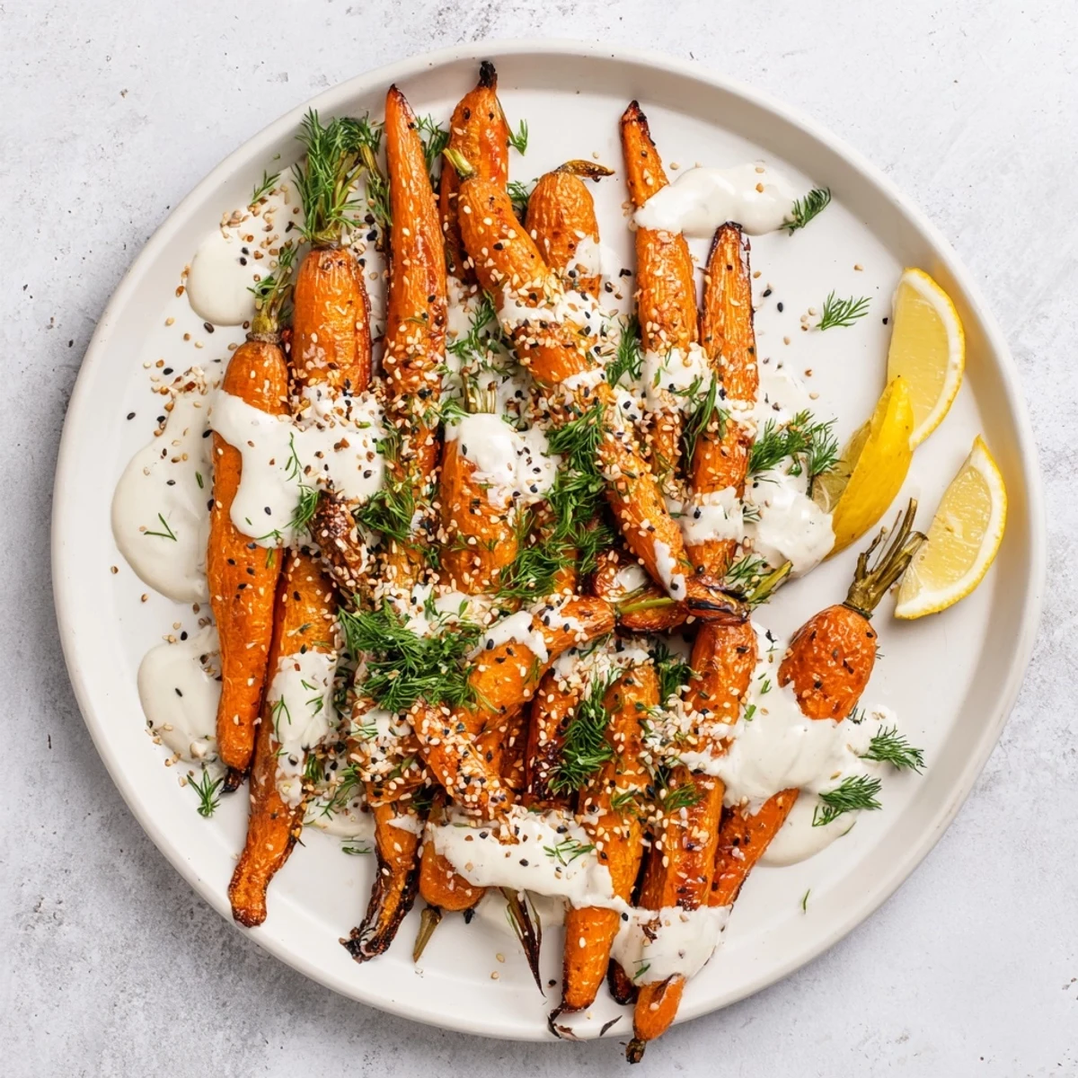 Mediterranean roasted carrots topped with creamy lemon herb tahini sauce sprinkled with sesame seeds and fresh herbs