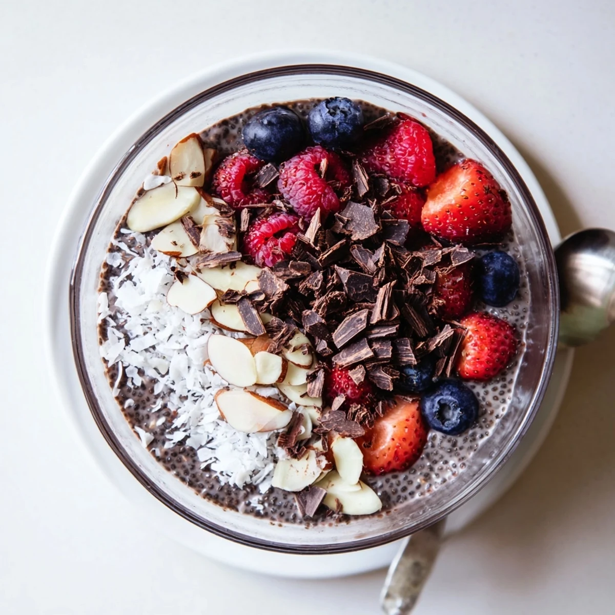 Chocolate almond coconut berry protein chia cream layered in glass with fresh berries and nutty toppings