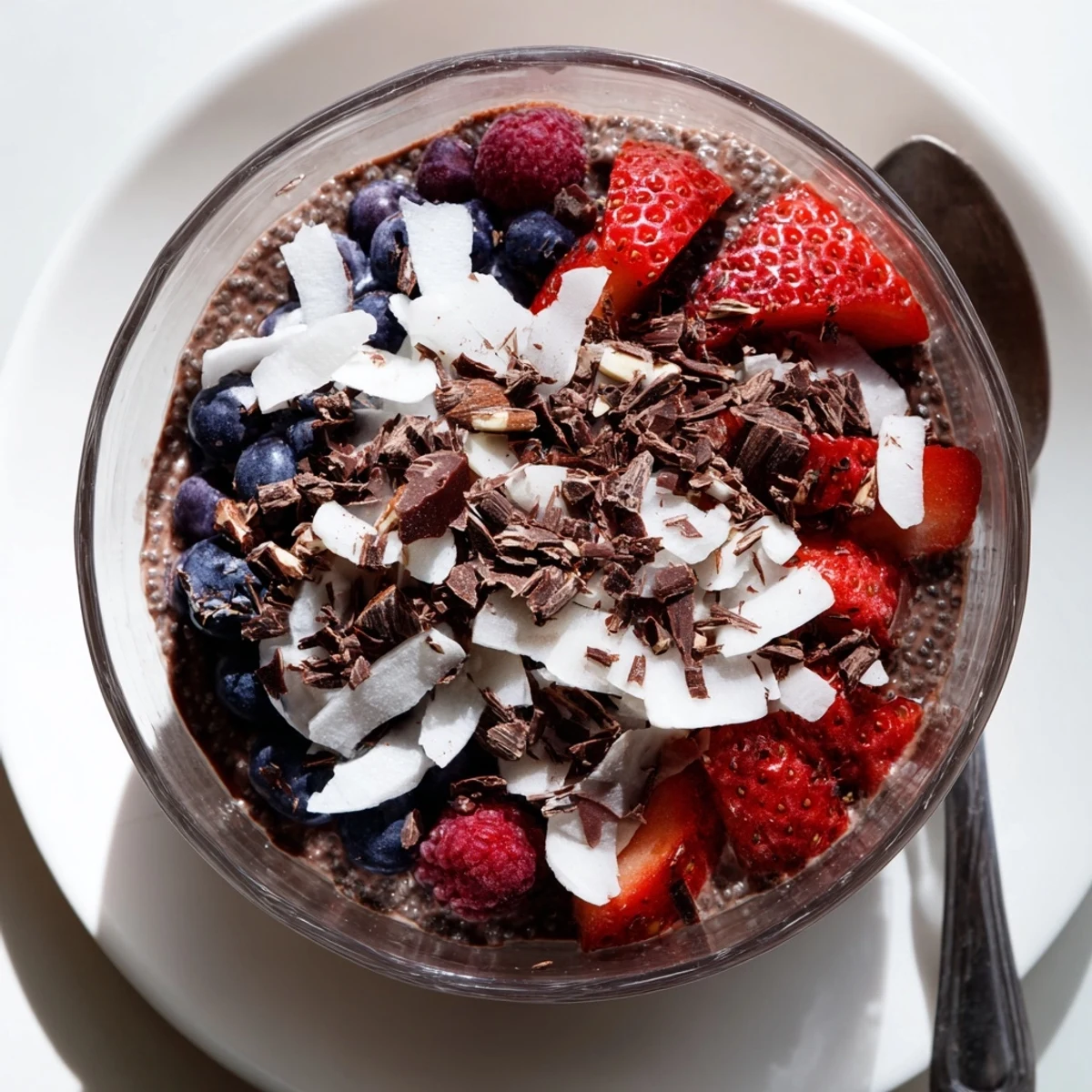 Creamy chocolate chia protein parfait topped with vibrant berries almonds coconut shavings in clear serving dish