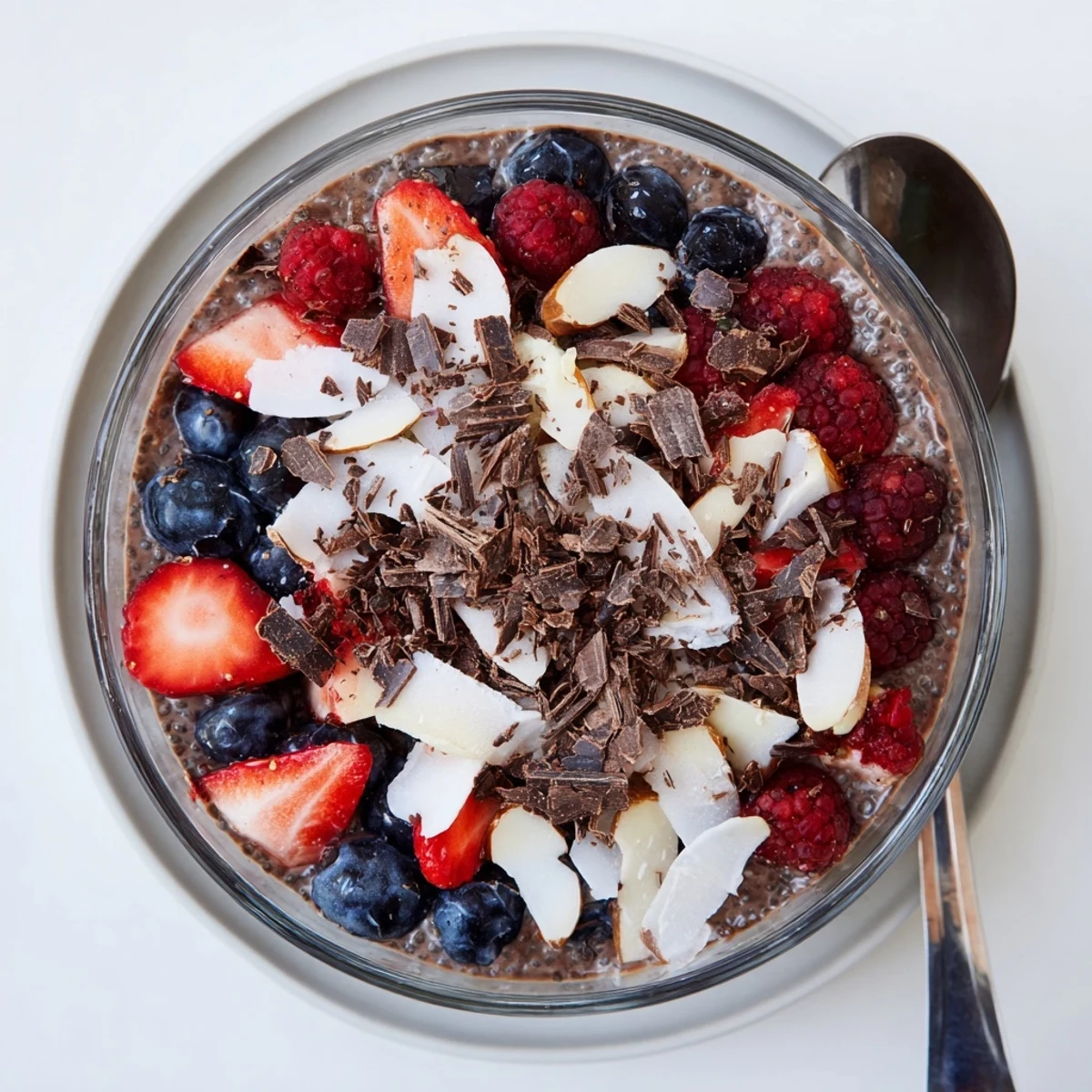 Healthy breakfast bowl showing chocolate protein chia cream with colorful mixed berries and crunchy almond coconut garnish