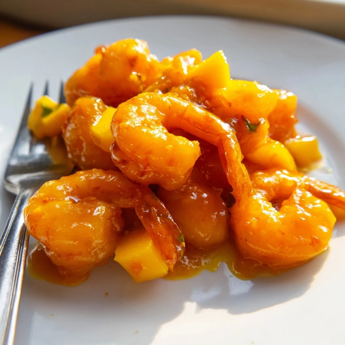 Vibrant bowl showcasing spicy mango glazed shrimp resting atop crunchy cabbage carrot slaw drizzled with zesty lime avocado cream