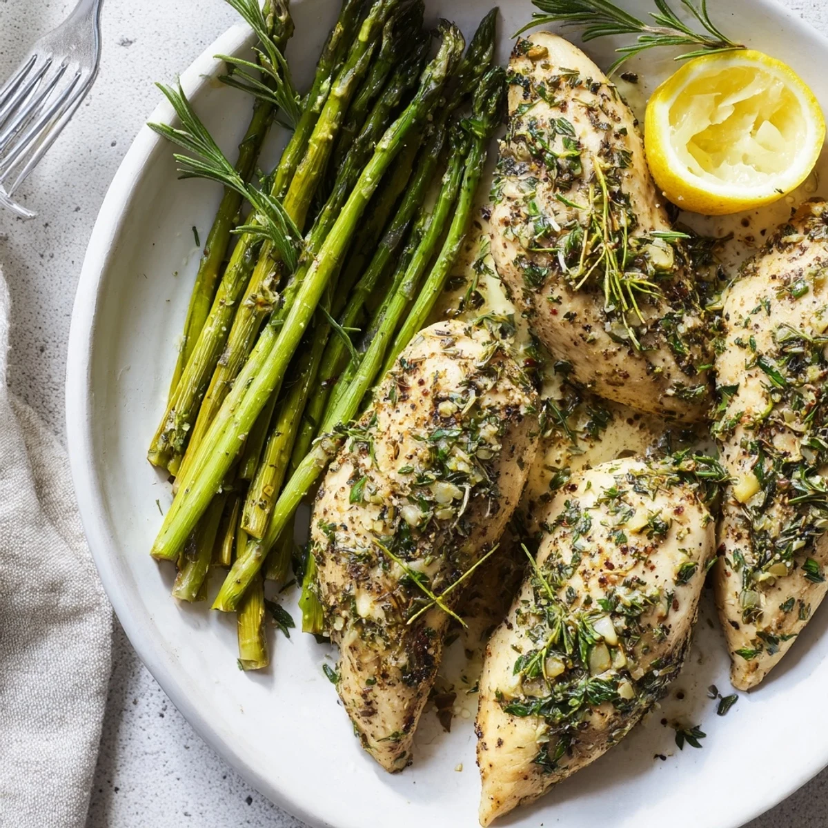 Golden roasted garlic herb chicken breasts paired with tender asparagus spears and fresh lemon wedges
