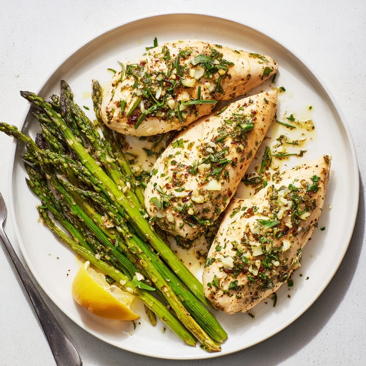 Juicy herb-marinated chicken served on a white plate with crisp roasted asparagus and bright citrus
