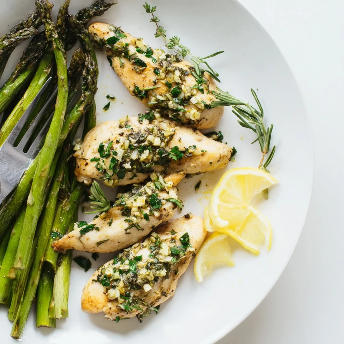 Sheet pan dinner featuring seasoned chicken and asparagus roasted together until golden and fragrant