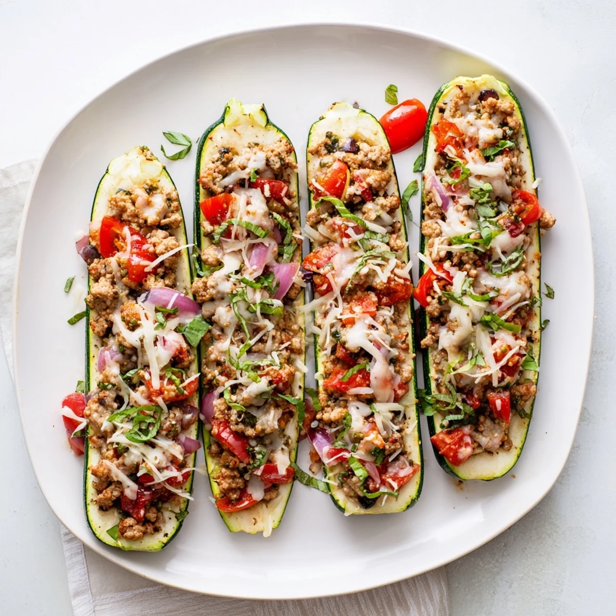 Golden baked zucchini boats filled with savory turkey mushroom pesto mixture and melted mozzarella cheese