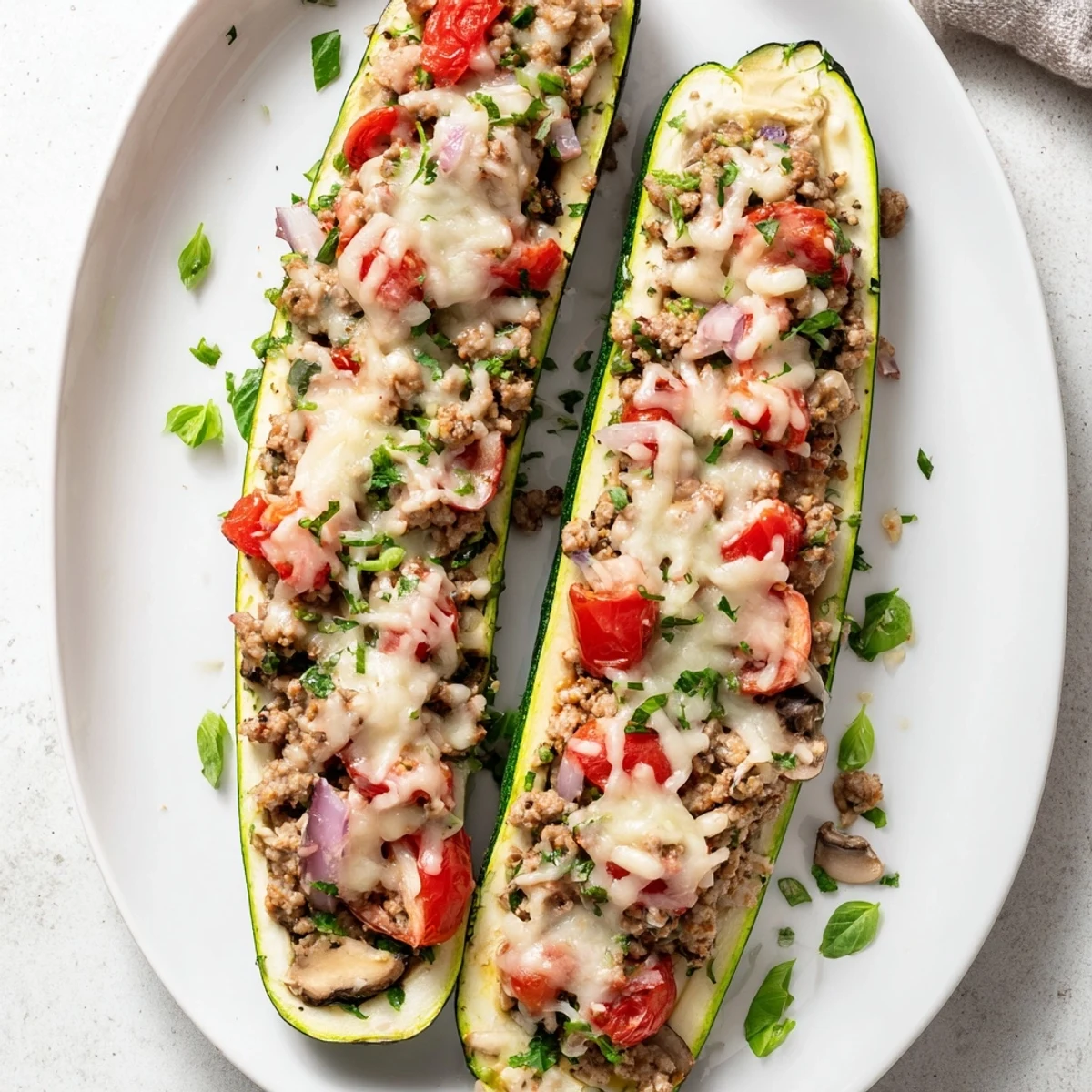 Fresh zucchini halves stuffed with seasoned ground turkey mushrooms and basil pesto topped with bubbly cheese