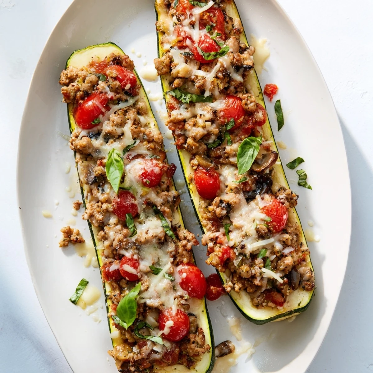 Low carb pesto turkey and mushroom zucchini boats garnished with chopped herbs and parmesan cheese