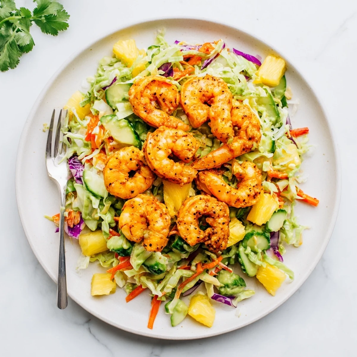 Glistening caramelized shrimp and pineapple in Spicy Pineapple Shrimp With Lime Avocado Cabbage Crunch