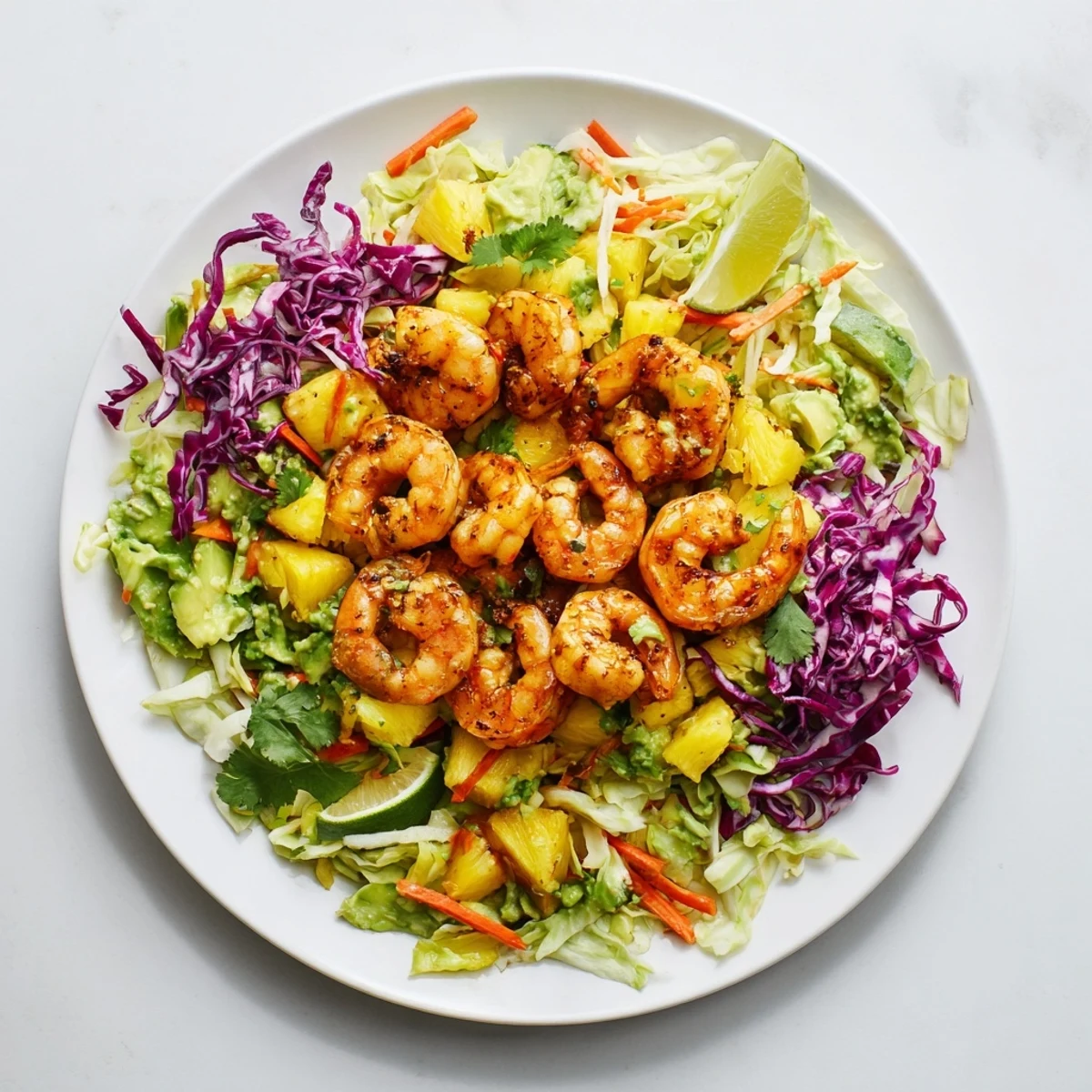 Spicy Pineapple Shrimp With Lime Avocado Cabbage Crunch over tangy lime cabbage slaw