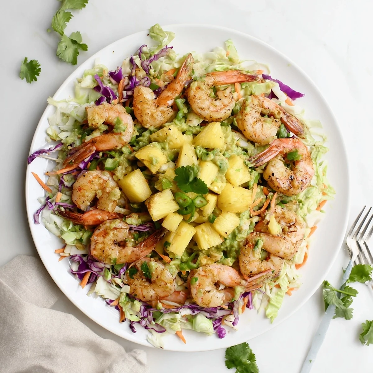 Colorful Spicy Pineapple Shrimp With Lime Avocado Cabbage Crunch piled on warm tortilla
