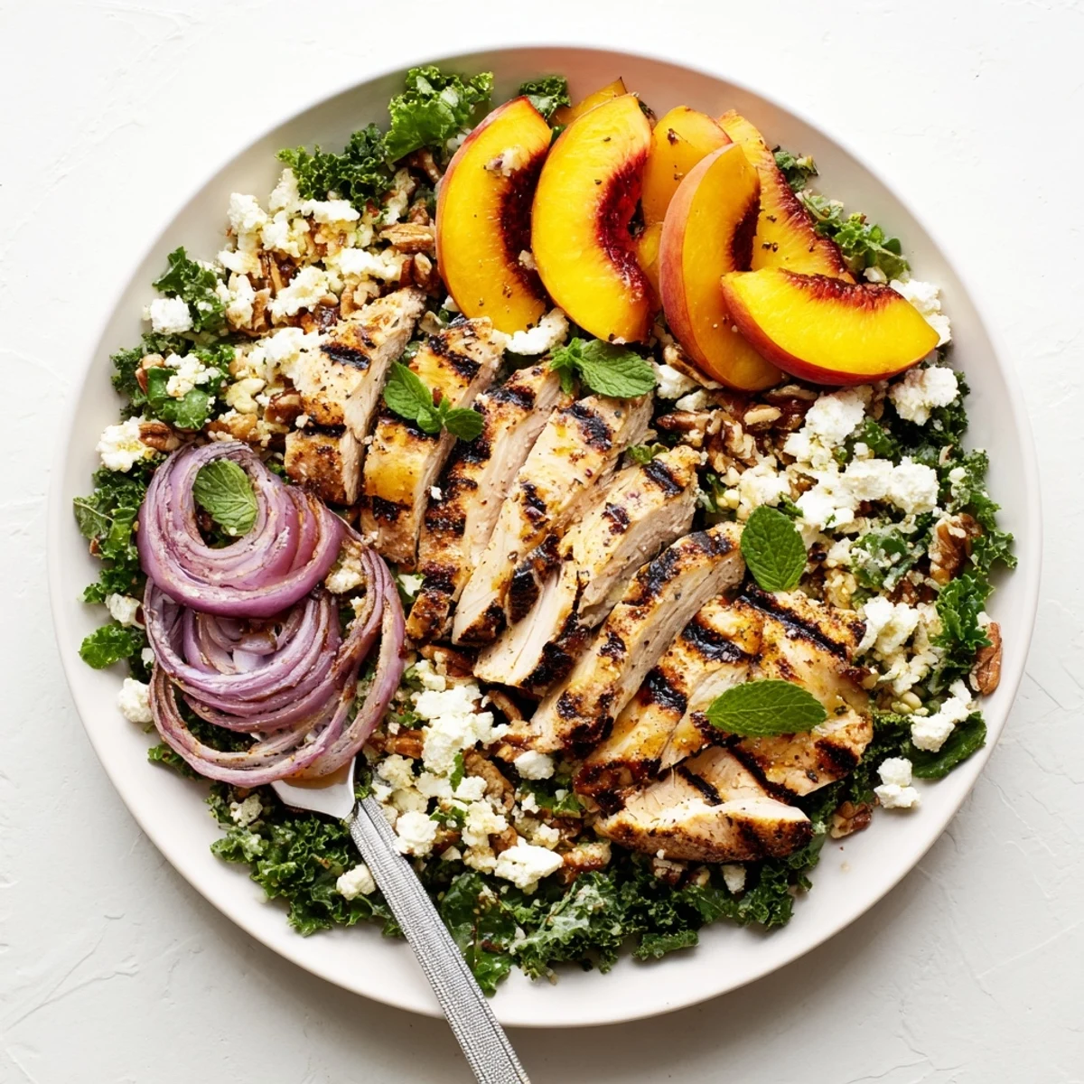Bright summer bowl of Grilled Peach and Kale Chicken Salad with Mint & Basil