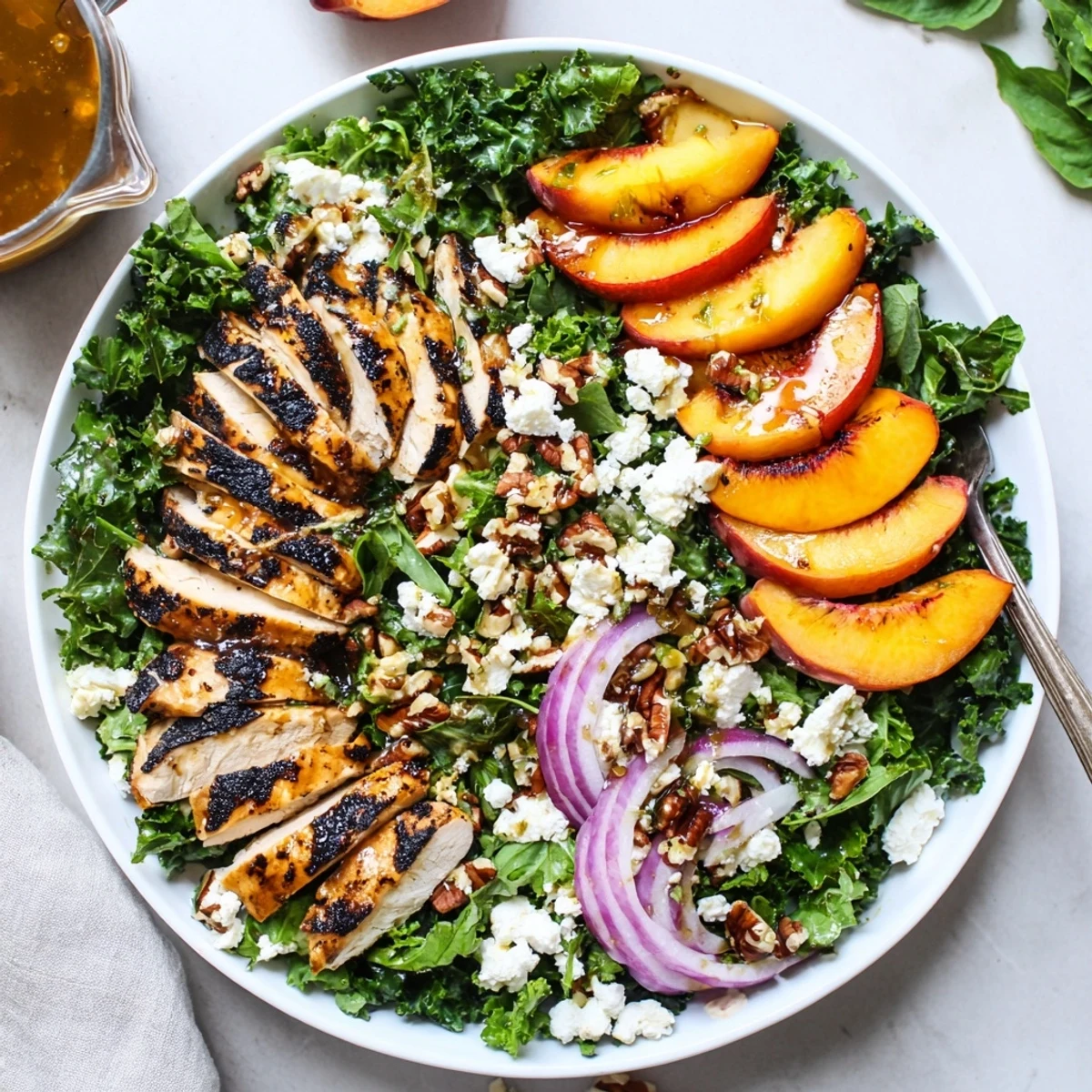 Grilled Peach and Kale Chicken Salad with Mint & Basil, juicy grilled peaches
