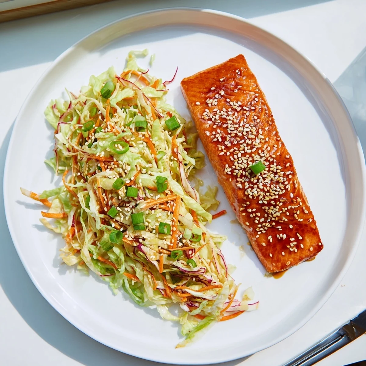 Pan-seared Miso Maple Salmon With Sesame Cabbage Slaw, fragrant ginger-sesame dressing