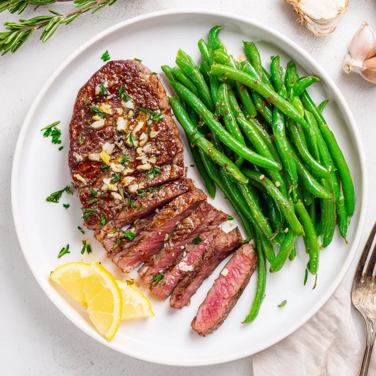 Juicy Garlic Herb Steak with Roasted Green Beans and Lemon, bright citrus finish