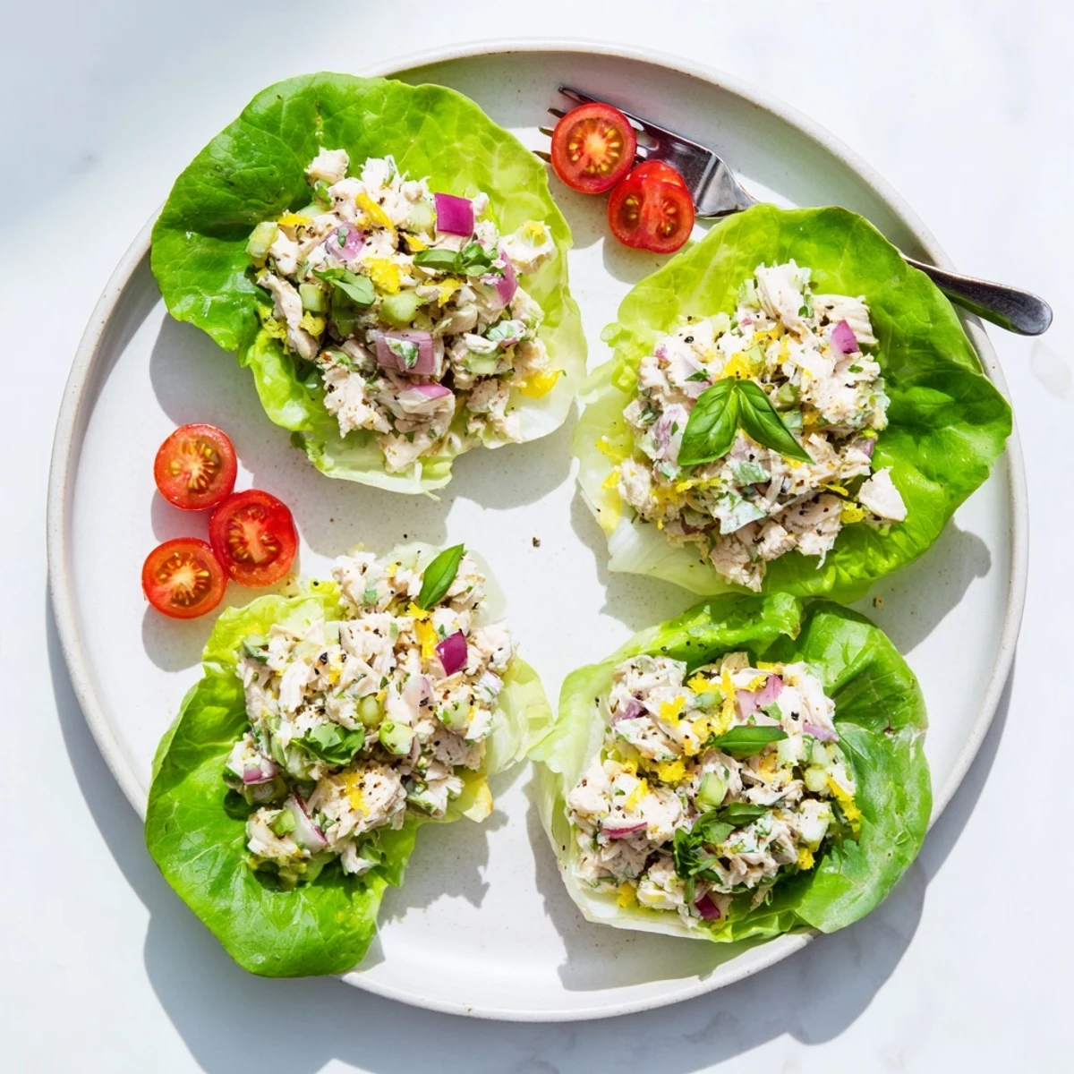 Creamy Cottage Cheese Basil Lemon Chicken Salad Cups with zesty lemon bite