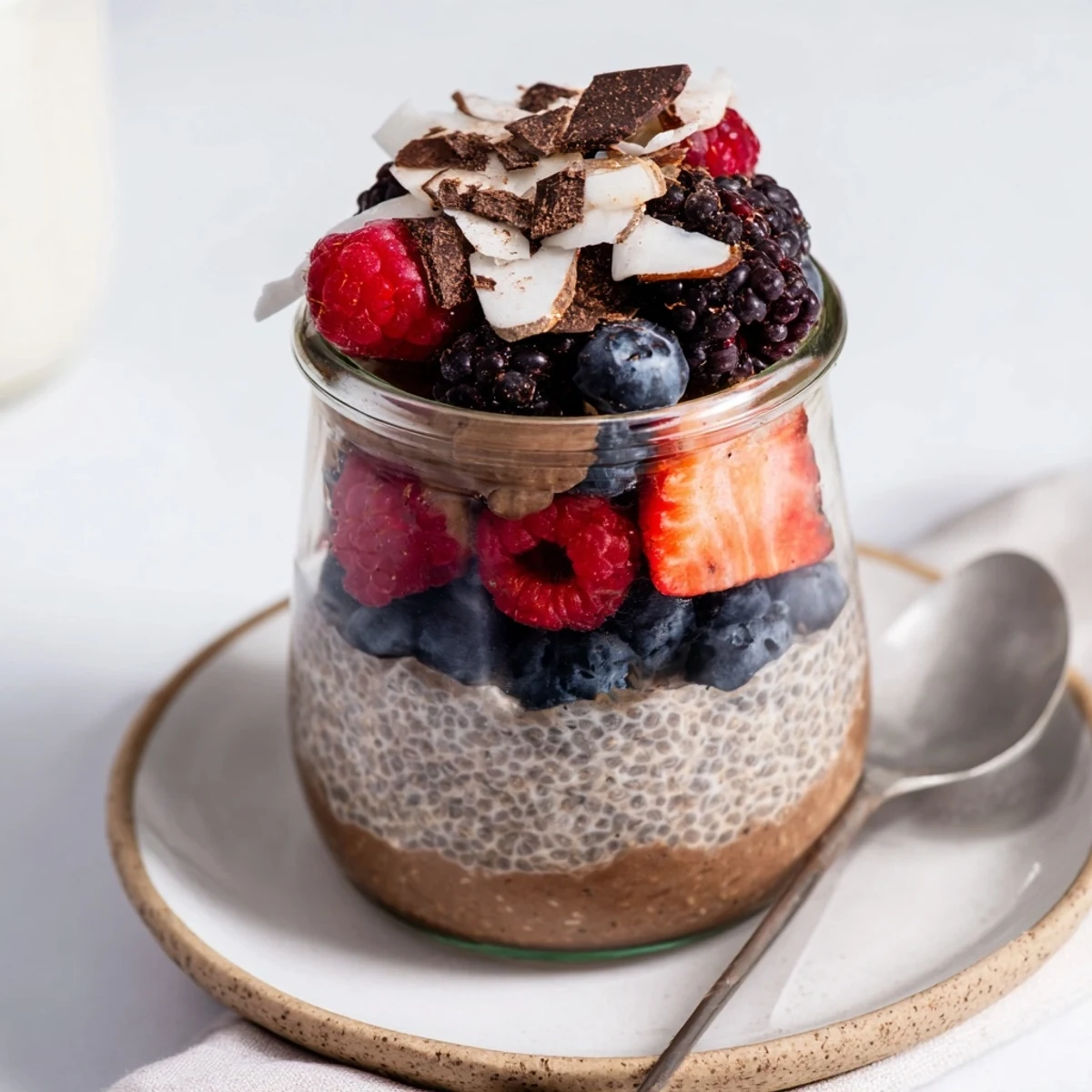 Creamy Chocolate Coconut Almond Berry Protein Chia Cream layered parfait in glass