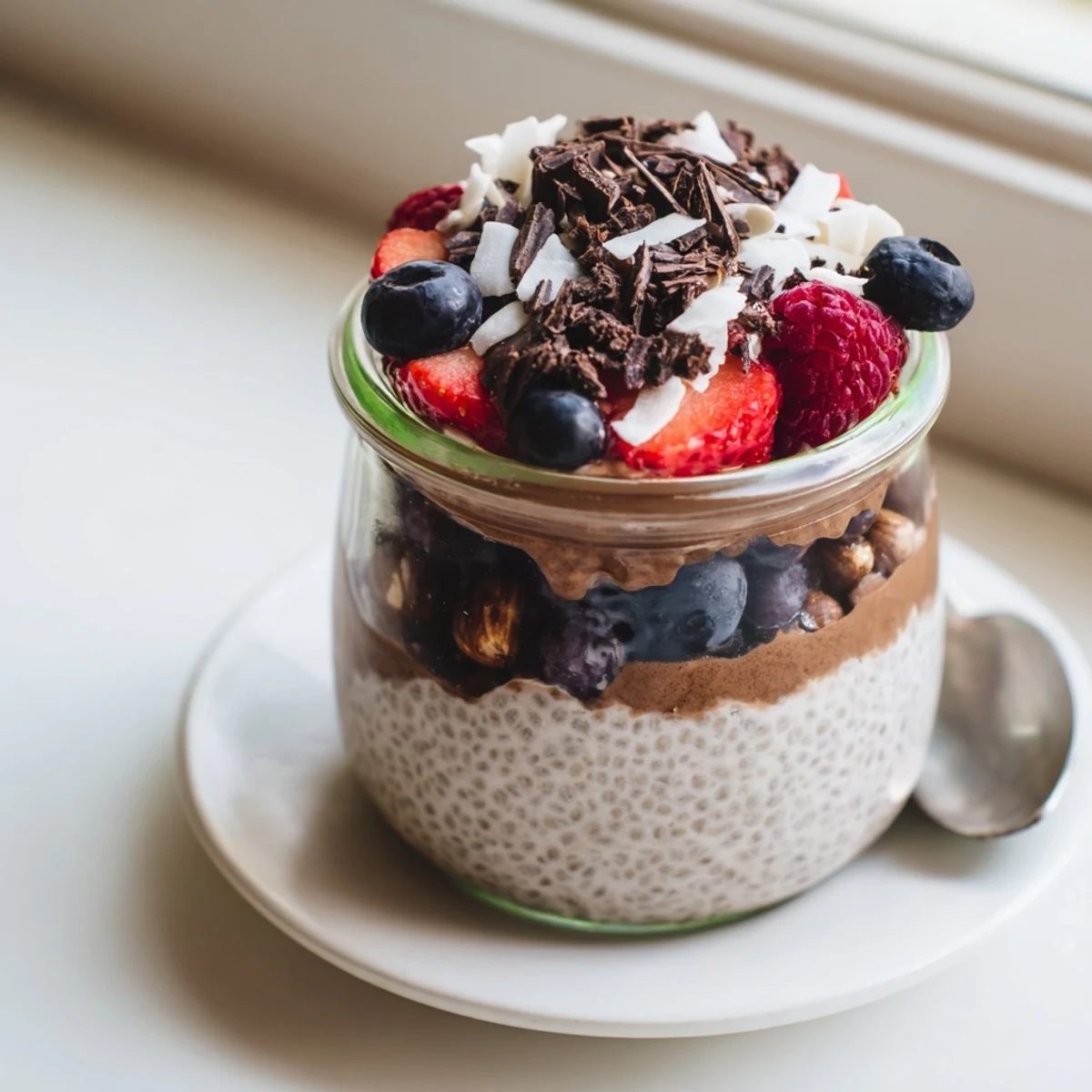 Breakfast jar of Chocolate Coconut Almond Berry Protein Chia Cream with crunchy almonds