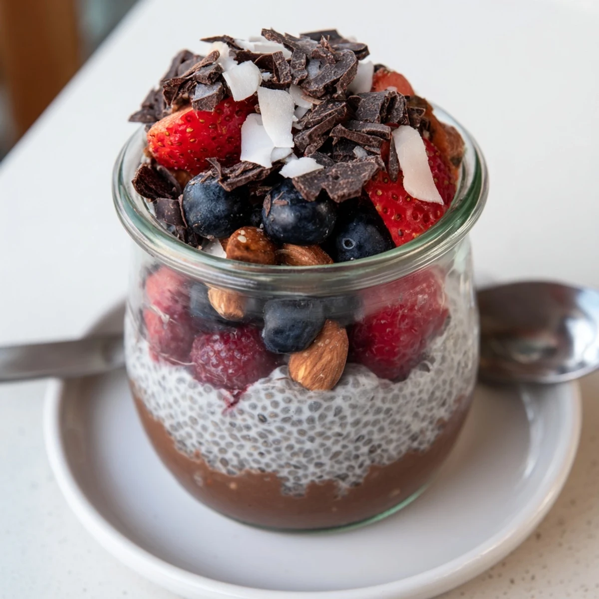 Chocolate Coconut Almond Berry Protein Chia Cream topped with shredded coconut and berries