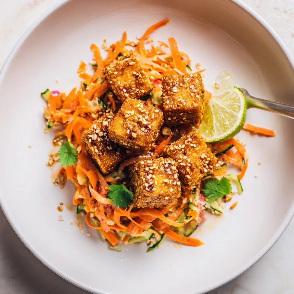 Crispy Chili Oil Tofu With Sesame Carrot Slaw glistening, served over steamed rice