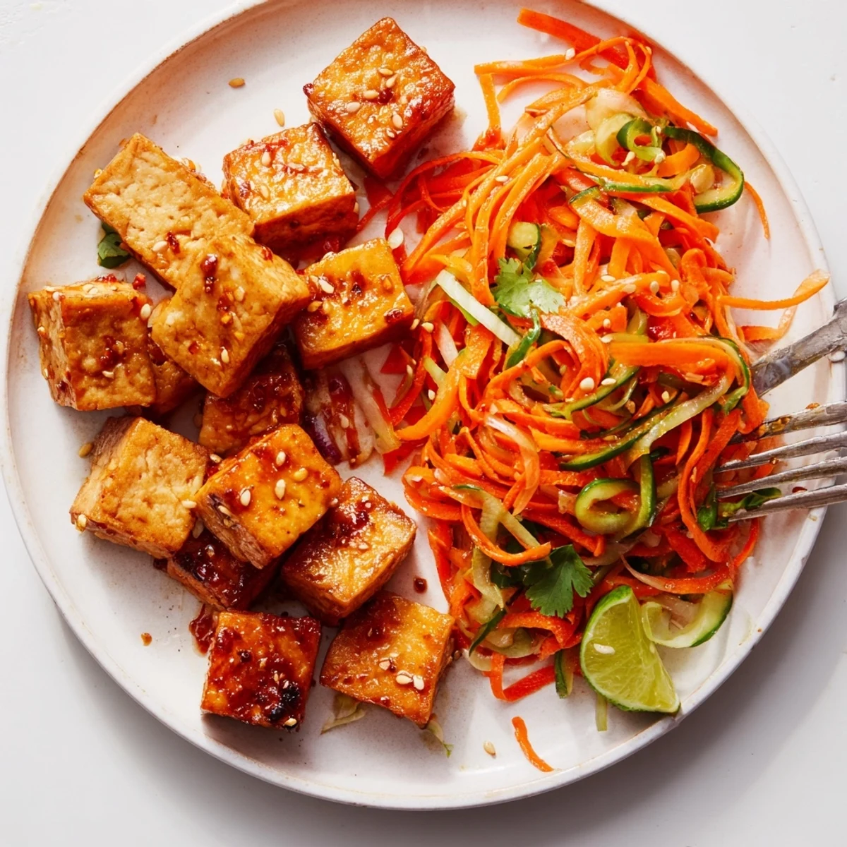 Pan-seared Crispy Chili Oil Tofu With Sesame Carrot Slaw, toasted sesame and cilantro