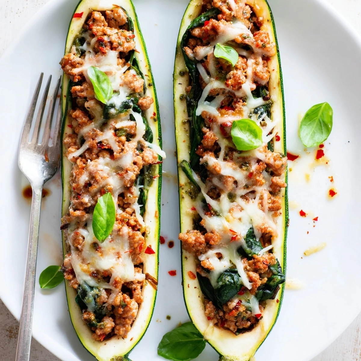 Pesto Turkey and Spinach Zucchini Boats with Basil, golden bubbly cheese.