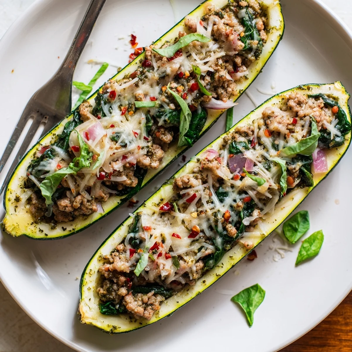 Pesto Turkey and Spinach Zucchini Boats with Basil served alongside crisp salad.