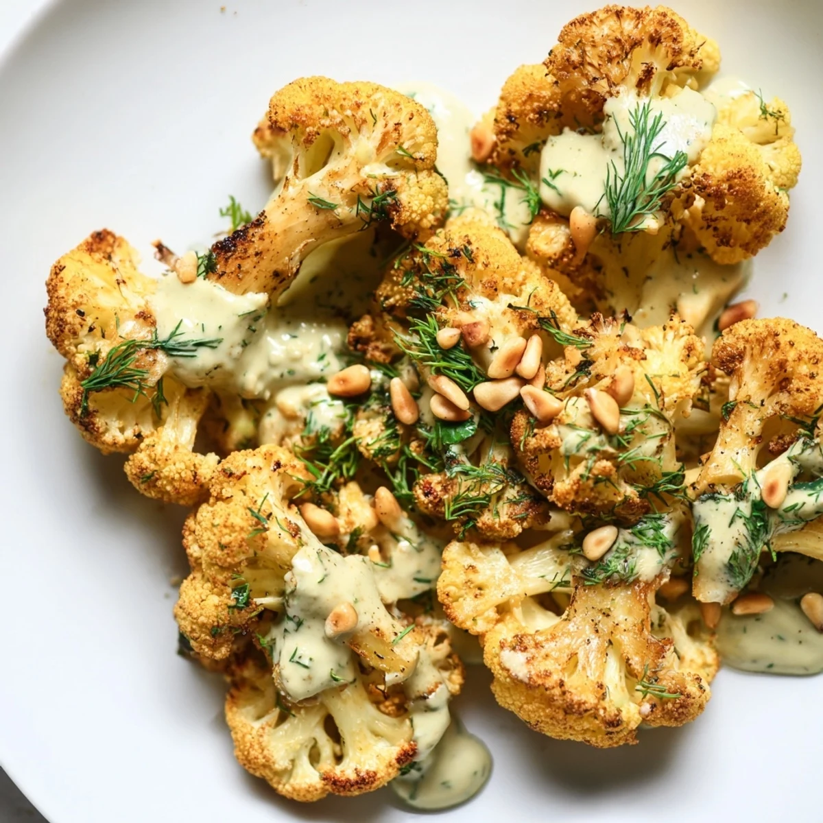 Golden roasted cauliflower florets drizzled with creamy lemon herb tahini sauce and fresh parsley garnish