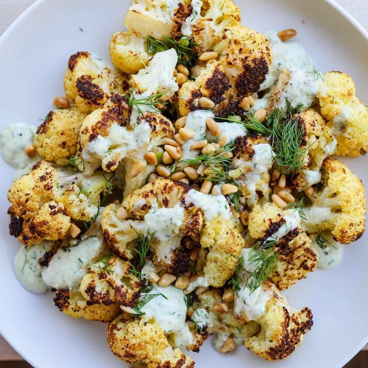 Tender Mediterranean-style roasted cauliflower topped with zesty tahini dressing and toasted pine nuts on a white platter