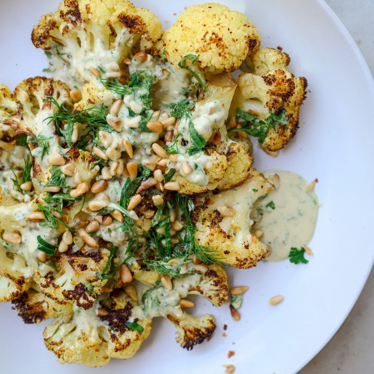 Vegan roasted cauliflower with cumin and paprika spices served over rich lemon herb tahini sauce