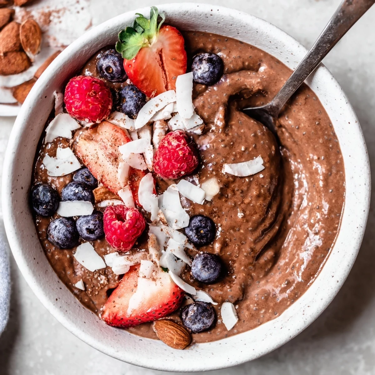 Chocolate Almond Coconut Protein Chia Cream With Berries served chilled with sliced almonds