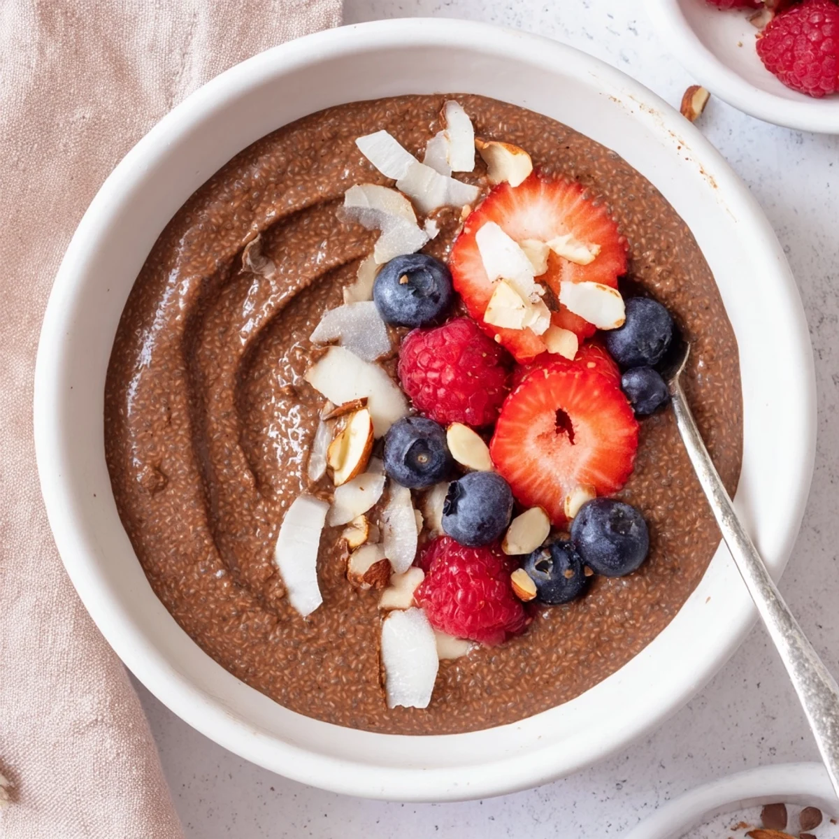 Velvety Chocolate Almond Coconut Protein Chia Cream With Berries topped with shredded coconut