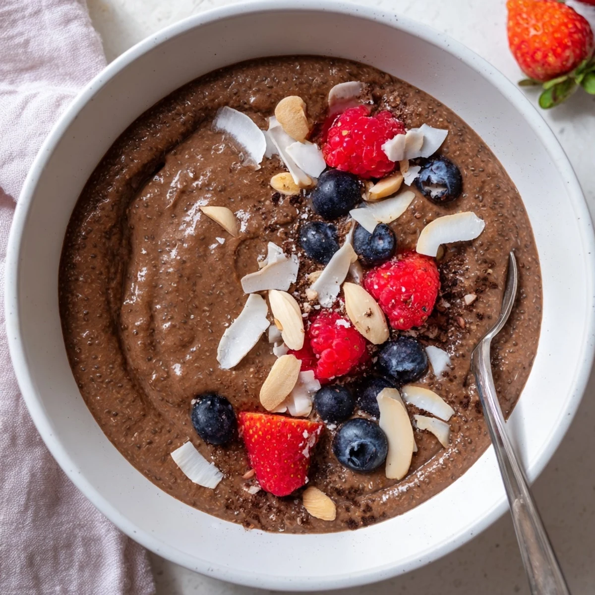 Chilled Chocolate Almond Coconut Protein Chia Cream With Berries in a clear jar