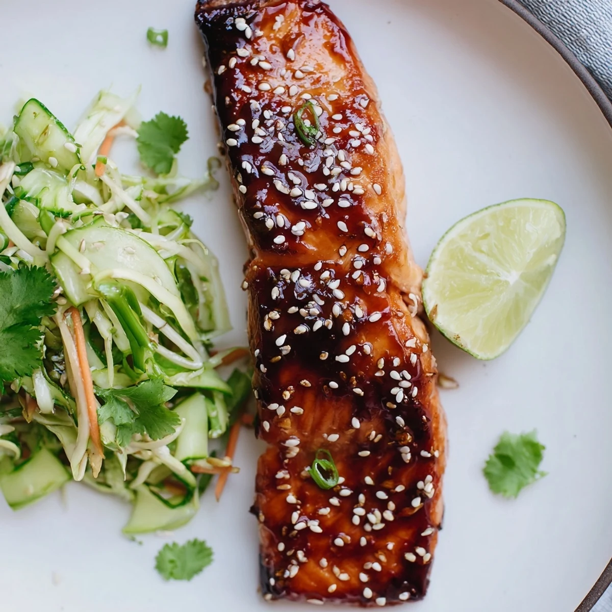 Glazed Miso Ginger Salmon With Sesame Snap Pea Cucumber Slaw, flaky and aromatic